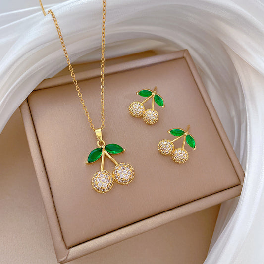 Set di collana con ciondolo e orecchini a foglia verde minimalista in acciaio al titanio con finitura galvanizzata per donna