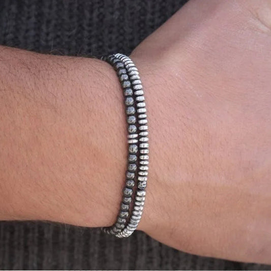 Hip-hop Handmade Geometric Cross Round Hematite Bracelet Set for Unisex