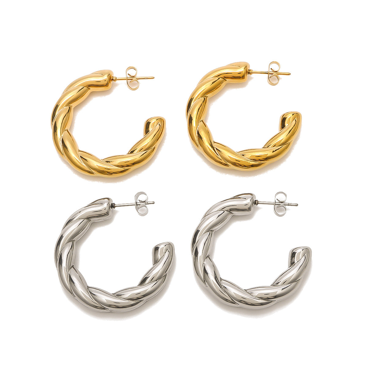 Orecchini a Cerchio Geometrici a C da Donna in Acciaio Inossidabile con Finitura Placcata in Oro 18K Sottovuoto