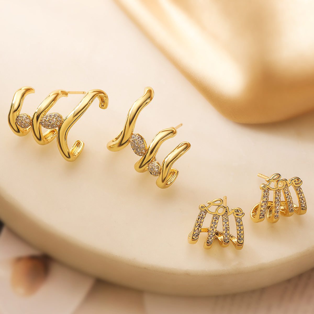 Geometric Shape Copper Earrings with Real Gold Plating and Zircon Inlay for Women
