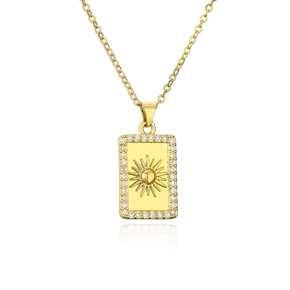 Geometric Sun Star Moon Square Pendant Necklace in Copper with 18K Gold Plating and Zircon Inlay for Women
