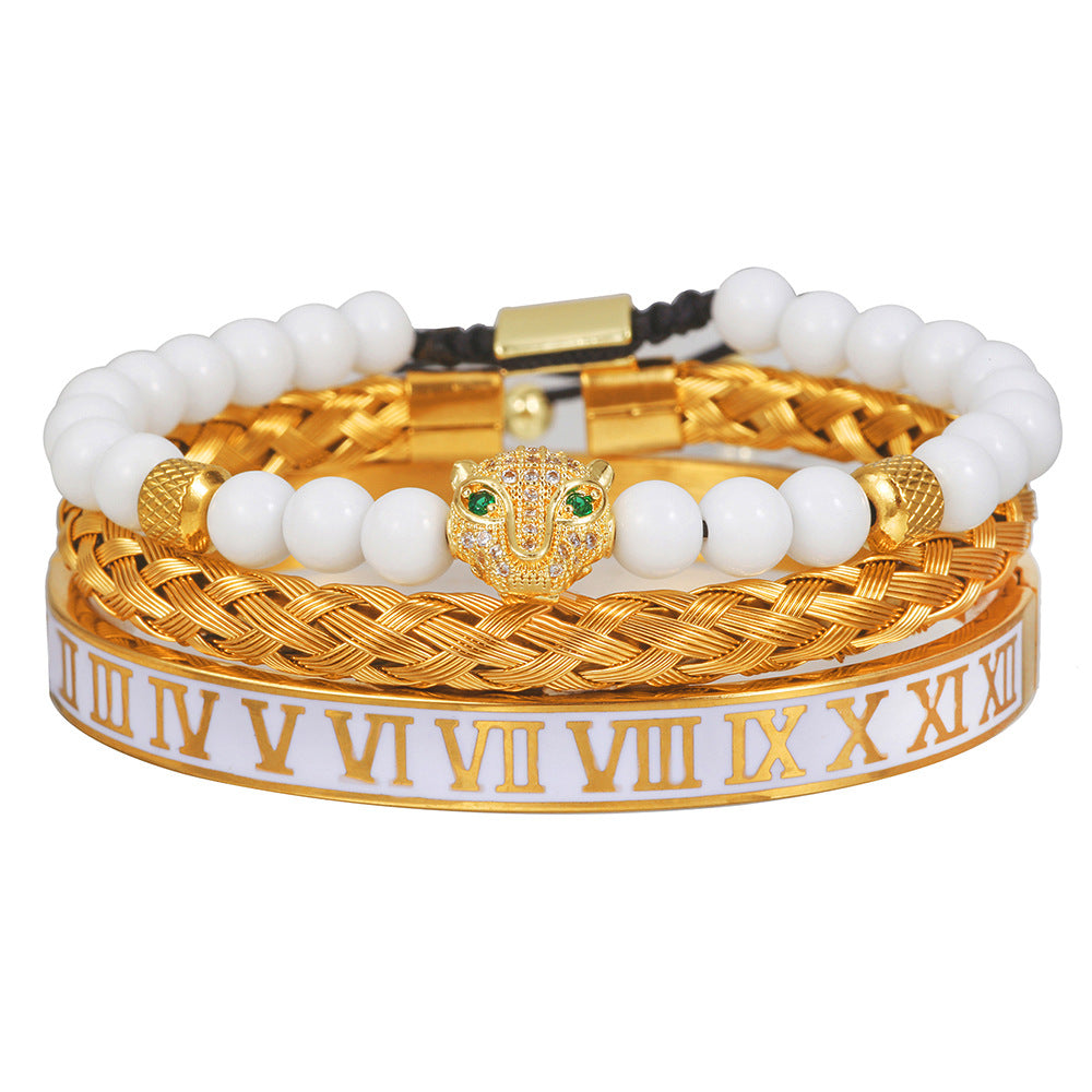 White Drip Oil Plated Stainless Steel Bracelet Set with Cubic Zirconia Skull, Leopard Head, Crown and Roman Numbers