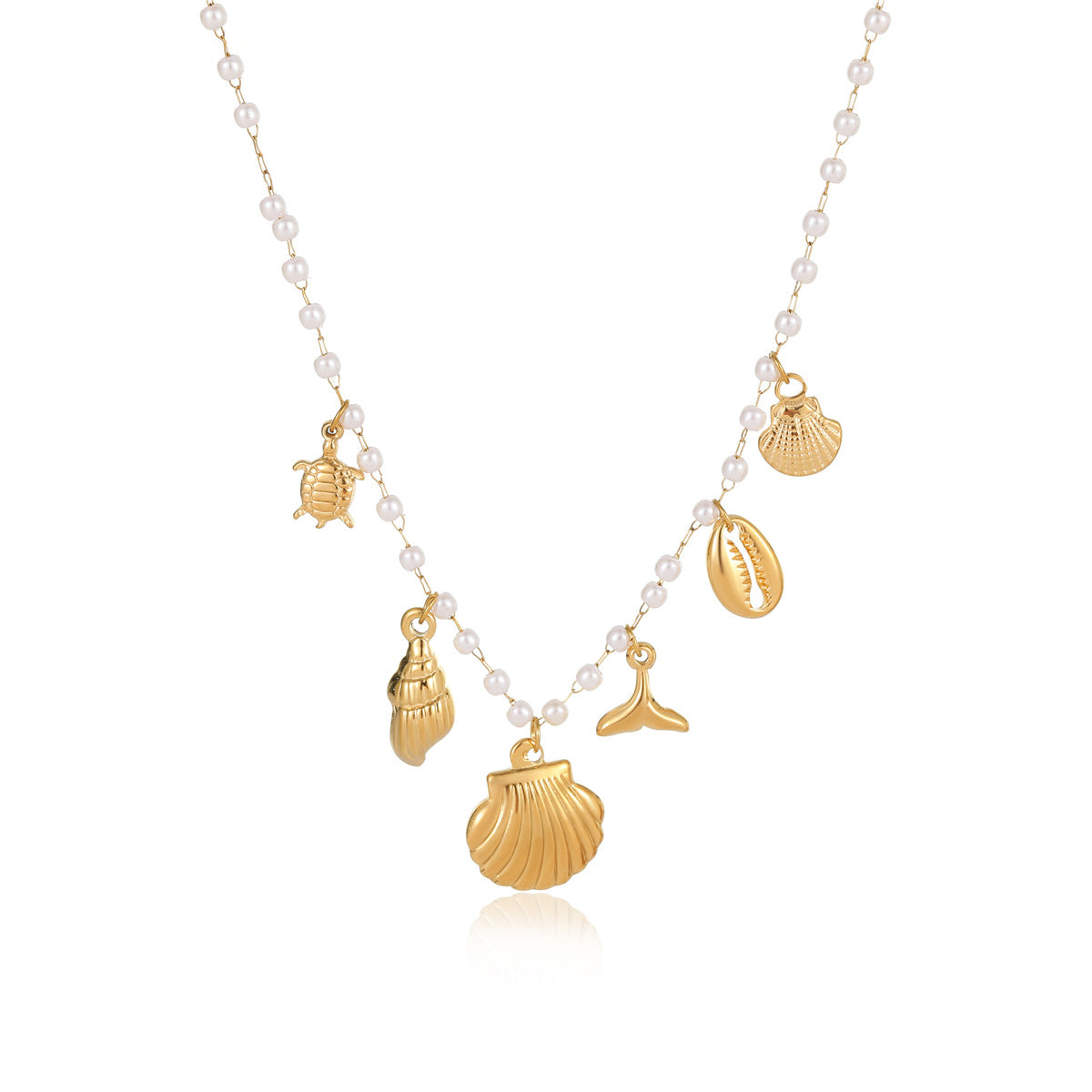 Ocean-Themed Pearl-Embellished Titanium Steel Pendant Necklace with Starfish and Seashell Motifs, Fashionable Minimalist Design for Women