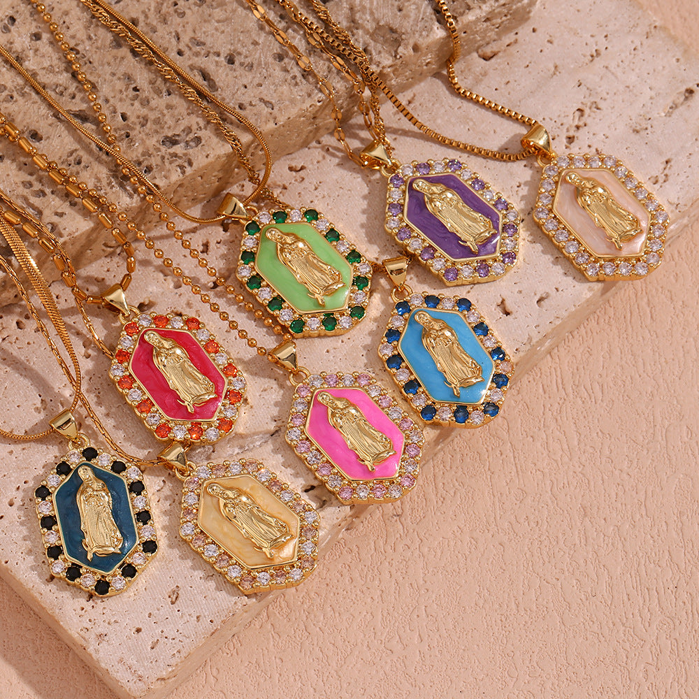 Vintage Fashion Hexagonal Titanium Steel Pendant Necklace with 18K Gold Plating and Enamel Finish