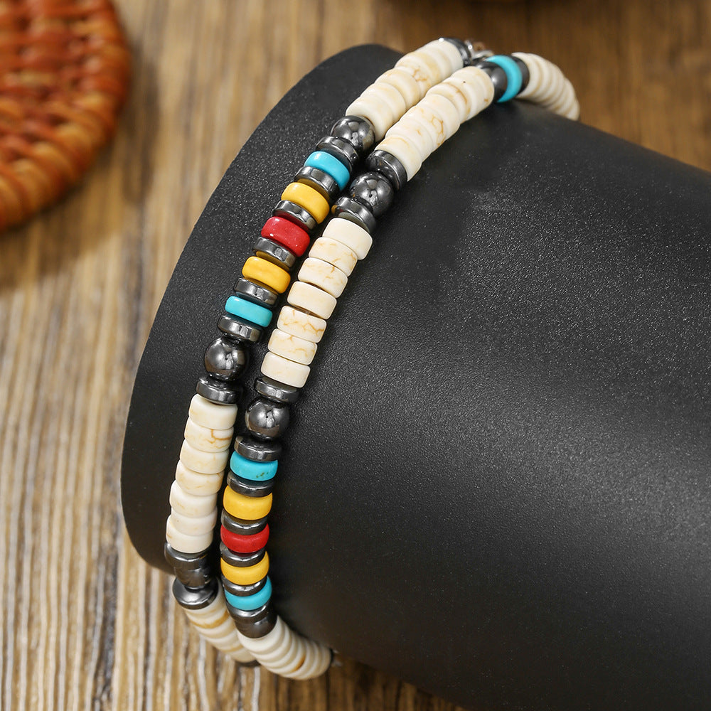 Vintage Geometric Round Turquoise and Hematite Handmade Beaded Bracelet for Unisex