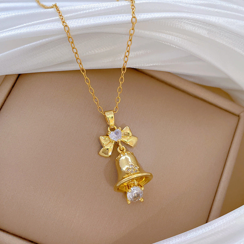 Butterfly Bow Knot Bell Pendant Necklace for Women with Full Rhinestone Accents in Titanium Steel Chain, Elegant Minimalist Style