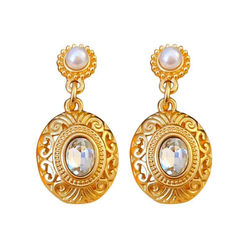 Orecchini a Perno in Perla Stile Vintage con Intarsio di Strass, Design Geometrico Rotondo e Ovale per Donne