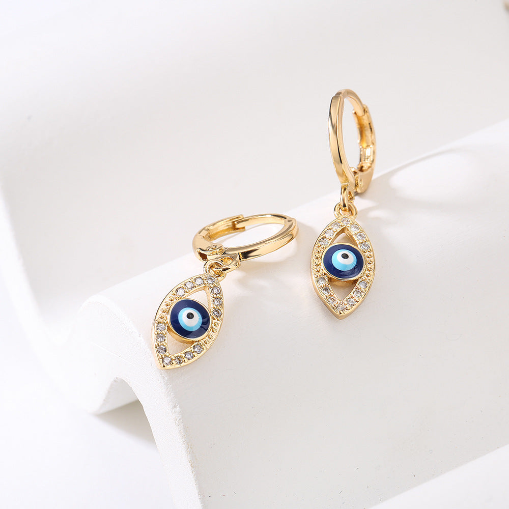Geometric Demon Eye Earrings for Women with Copper Base Plated in 18K Gold and Enamel-Set Zirconia