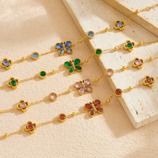 Gold Plated Stainless Steel Round Butterfly Flower Rhinestone Pendant Bracelet for Women