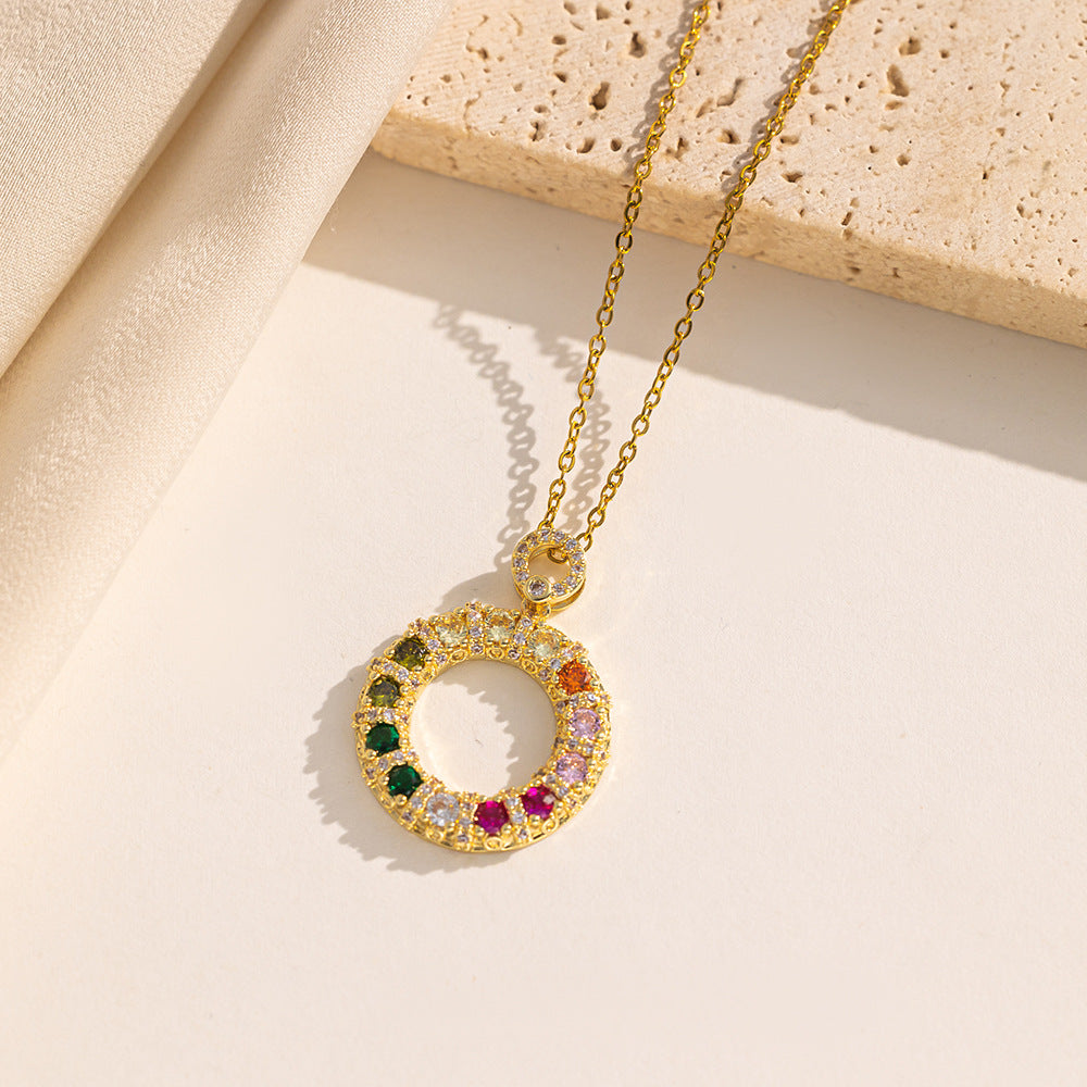 Minimalist Geometric Donut Pendant Necklace for Women in Titanium Steel with Colorful Zircon Inlay and Polished Finish