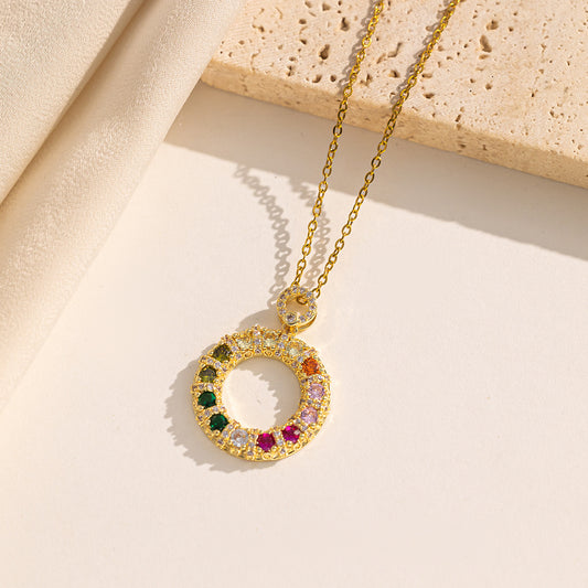 Minimalist Geometric Donut Pendant Necklace for Women in Titanium Steel with Colorful Zircon Inlay and Polished Finish