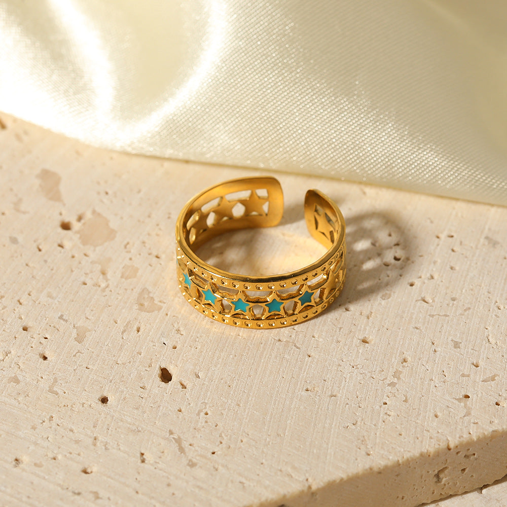 INS Style Geometric Star-Shaped Enamel and 18K Gold-Plated Stainless Steel Women's Adjustable Ring