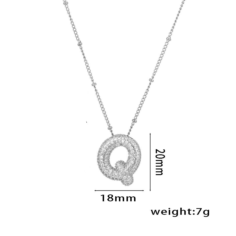 Collana con ciondolo a lettera in zirconi micro-pavé placcato oro 18 carati, catena di perline in acciaio inossidabile/acciaio al titanio, gioielli unisex alla moda per pendolari