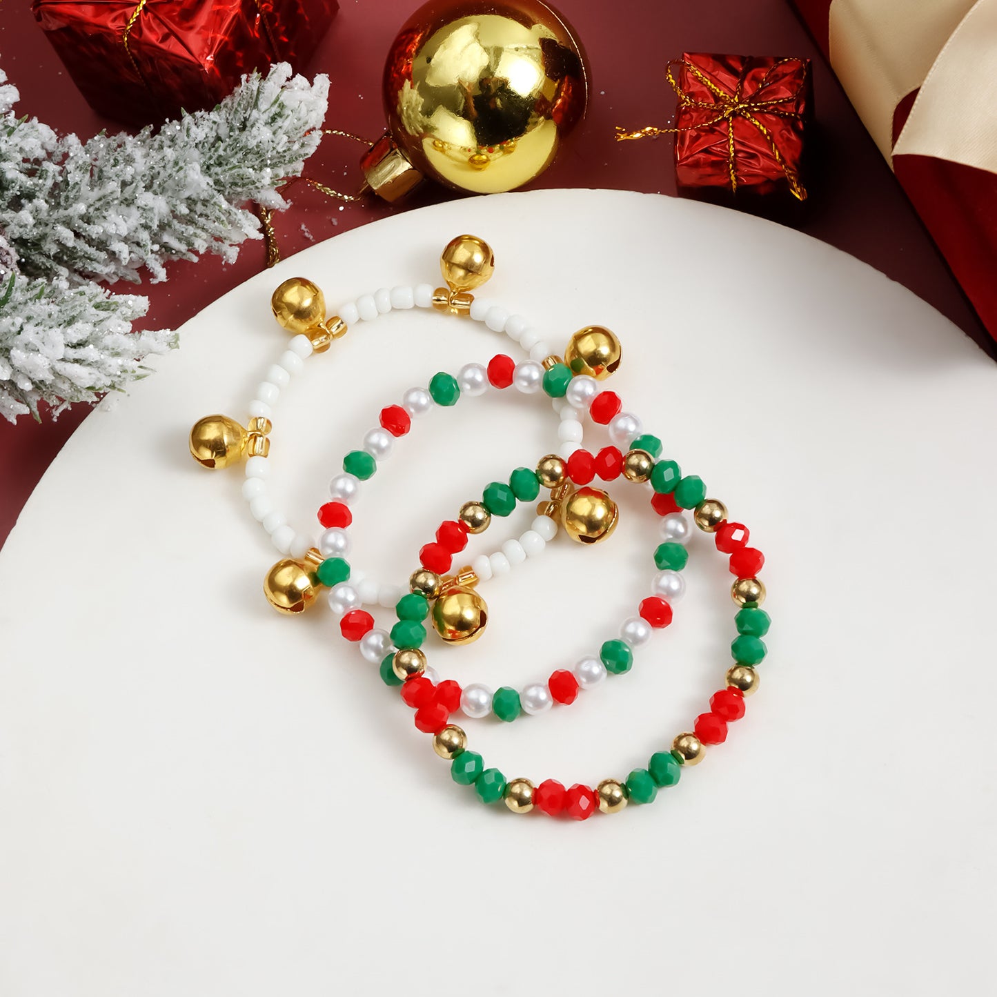 Juego de pulseras elásticas color block creativas con cascabeles metálicos para mujer, diseño geométrico, joyería de cuerda galvanizada
