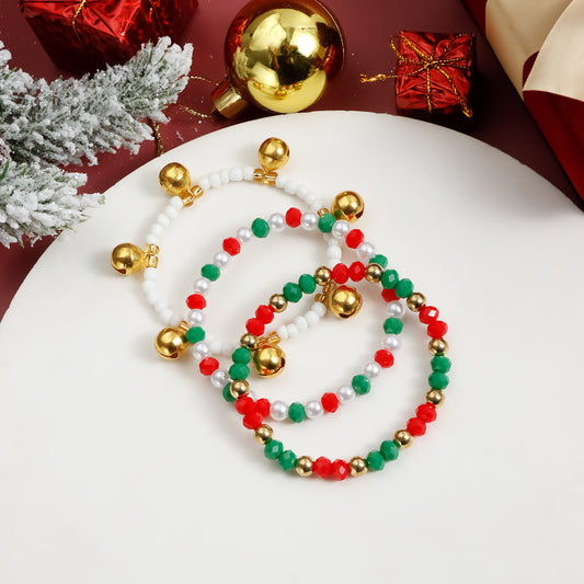 Juego de pulseras elásticas color block creativas con cascabeles metálicos para mujer, diseño geométrico, joyería de cuerda galvanizada