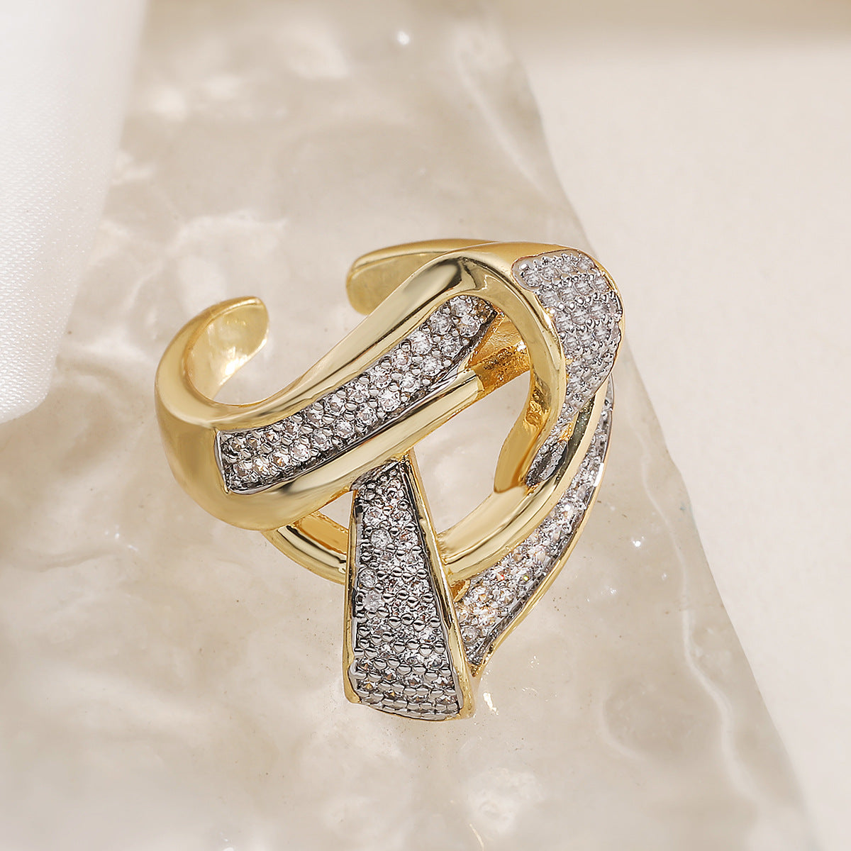 Minimalist Two-Tone Plated Cubic Zirconia Geometric Irregular Open Ring for Women