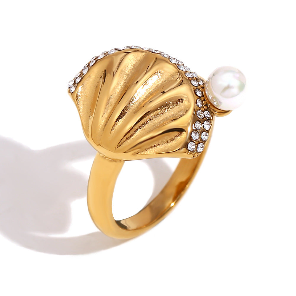 Elegant Vintage-Inspired Geometric Stainless Steel Ring with 18K Gold Plating, Pearl-Edged Scallop Design and Rhinestone Inlay for Women