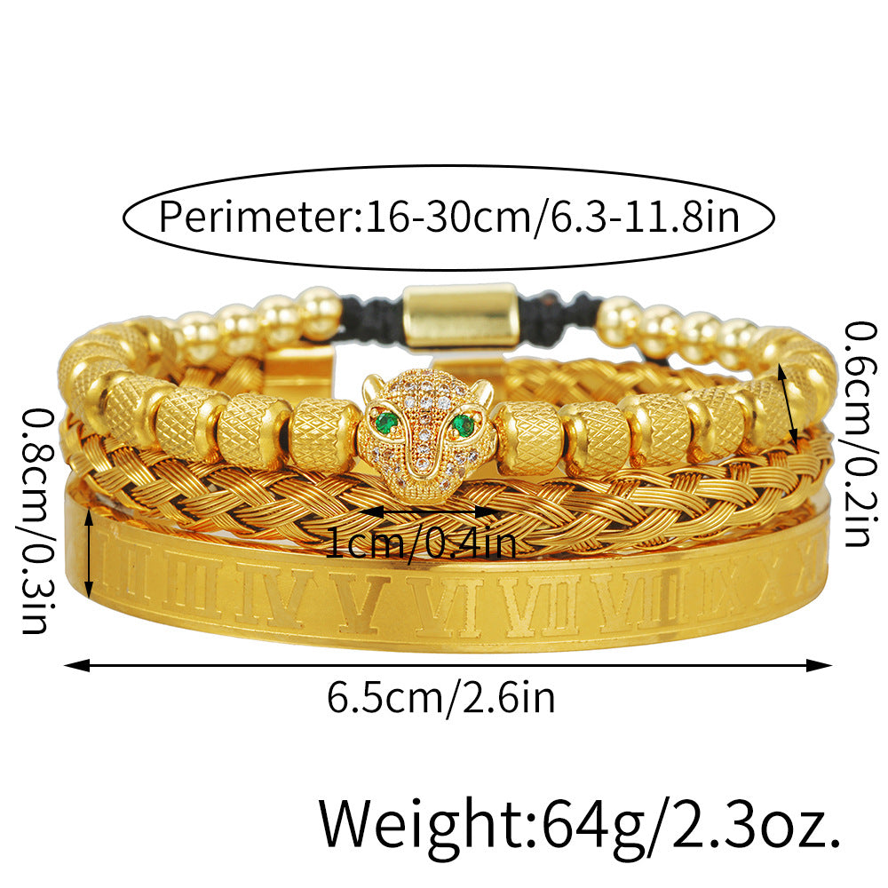 Vintage Geometric Leopard Head Micro-inlaid Cubic Zirconia Woven Stainless Steel Bracelet Set