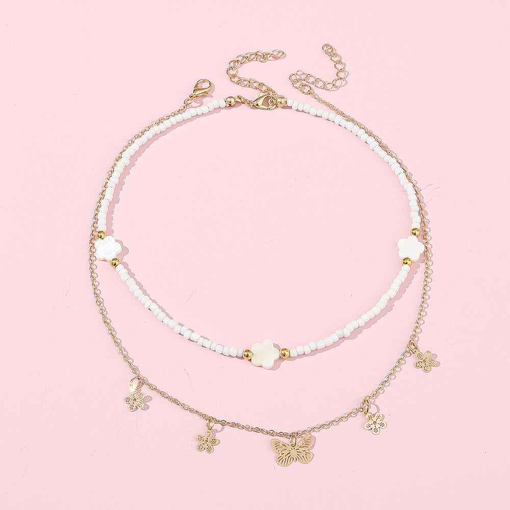 Set Collana con Ciondolo a Farfalla Carino per Ragazze, Ciondolo a Cuore in Lega con Catena di Perline