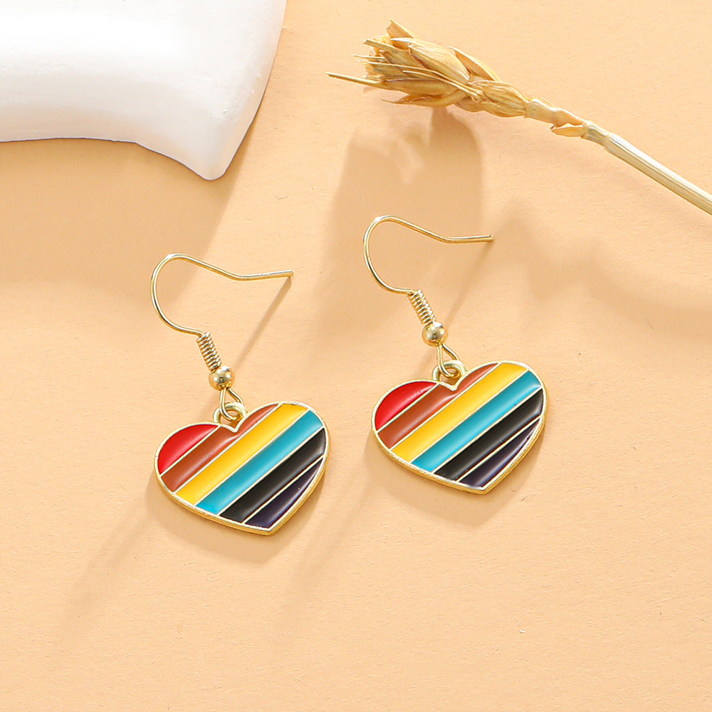 Orecchini da donna in lega con cuore arcobaleno minimalista a strisce effetto olio a goccia