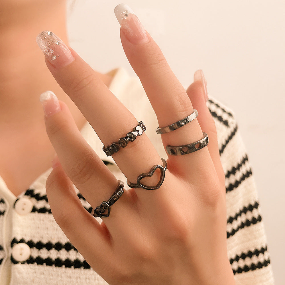 Minimalist Sweet Heart Geometric Plated Alloy Ring Set for Women