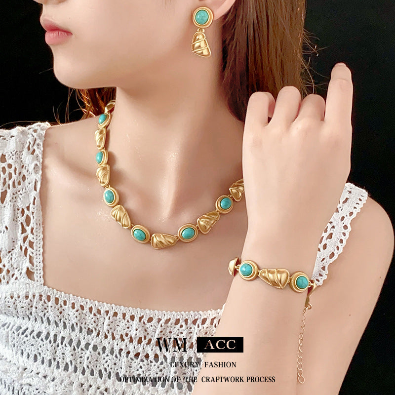 Vintage Style Triangular Alloy Pendant Necklace Set with Earrings and Bracelet Electroplated for Women