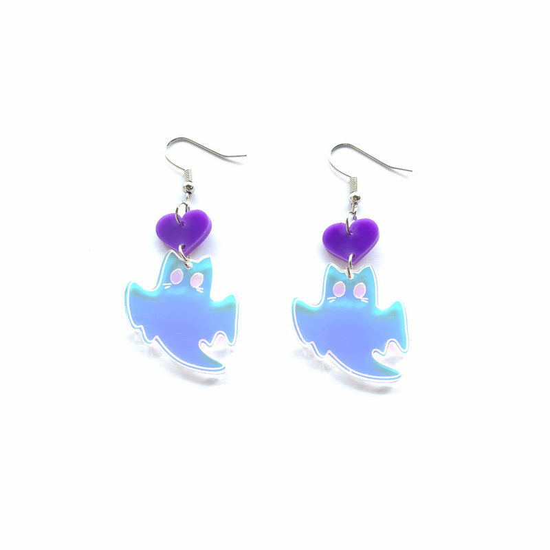 Lindos aretes acrílicos de gato fantasma de Halloween con colores de caramelo y efecto iridiscente