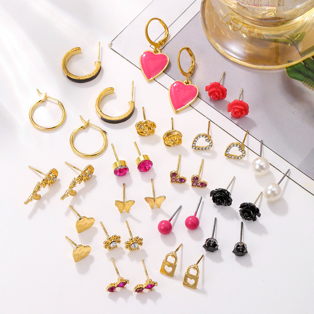 Geometric Butterfly Heart Rose Pearl Rhinestone Drip Oil Plated Alloy Earrings