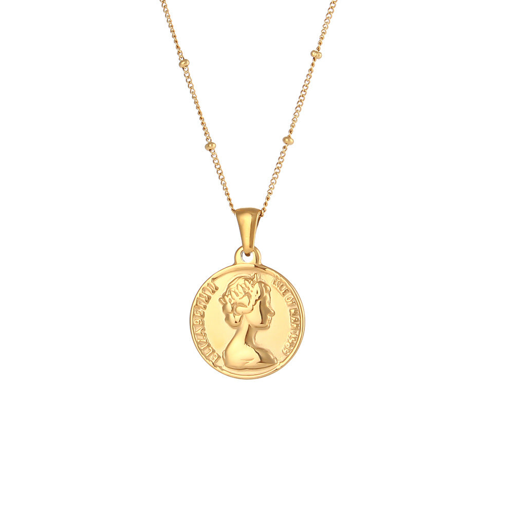 Collana con pendente a moneta con ritratto a rilievo geometrico minimalista in acciaio inossidabile con finitura placcata da donna