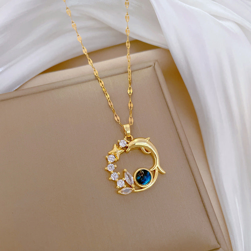 Elegant Fresh Sweet Titanium Steel Geometric Rhinestone Pendant Necklace for Unisex