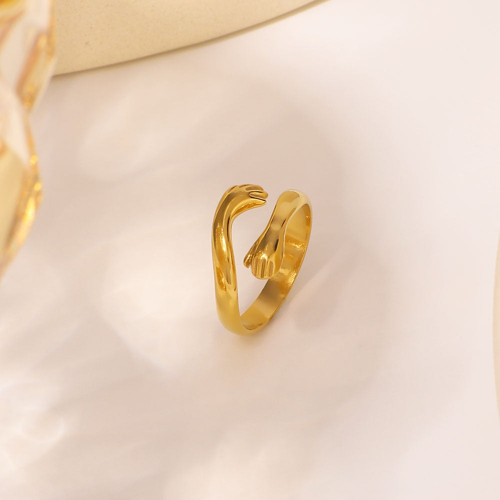 Romantic French-Style Asymmetric Stainless Steel Plated Hug Ring Couple Set Hypoallergenic Unisex Fashion Jewelry