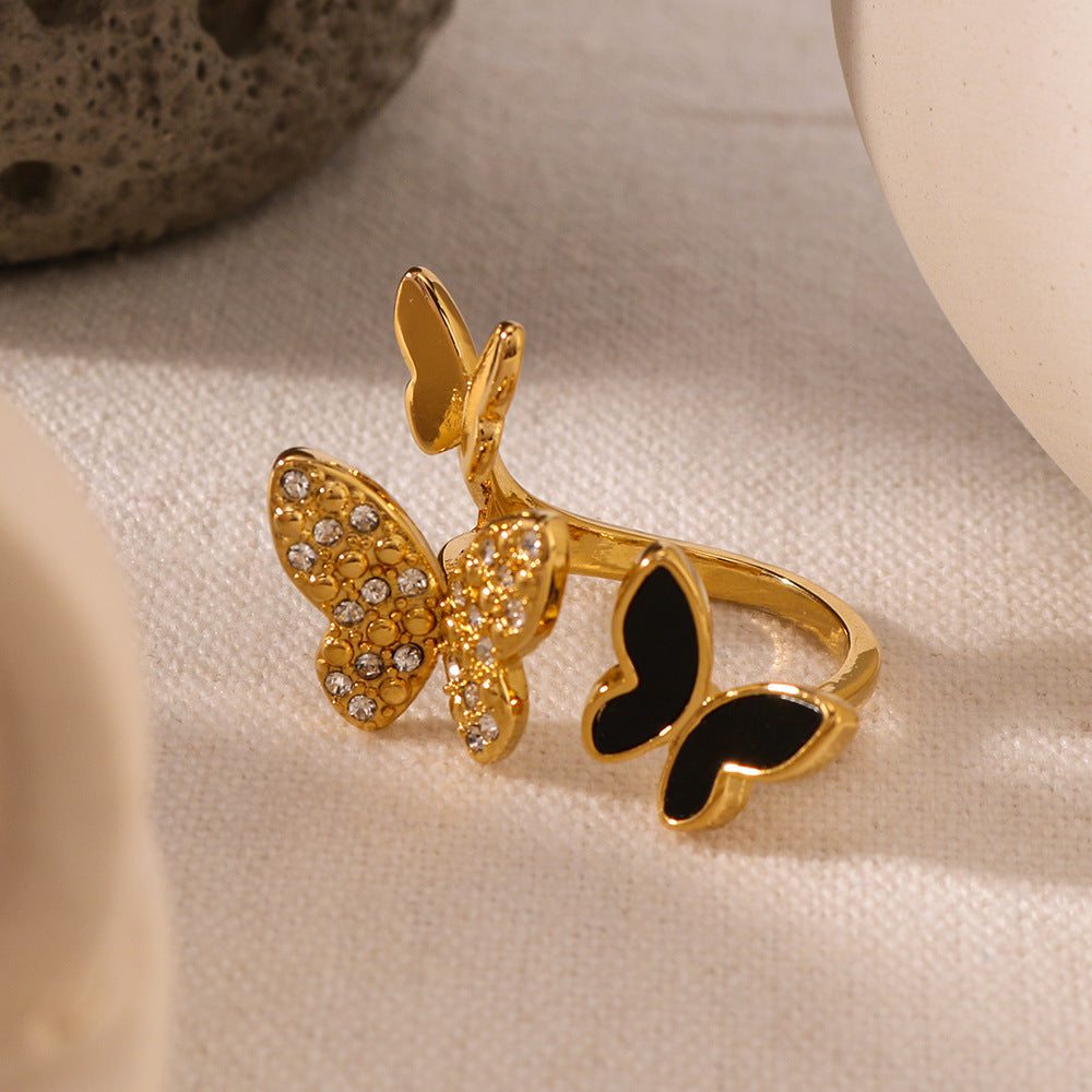 Anello regolabile a farfalla in acciaio inossidabile con intarsio in strass e finitura smaltata da donna