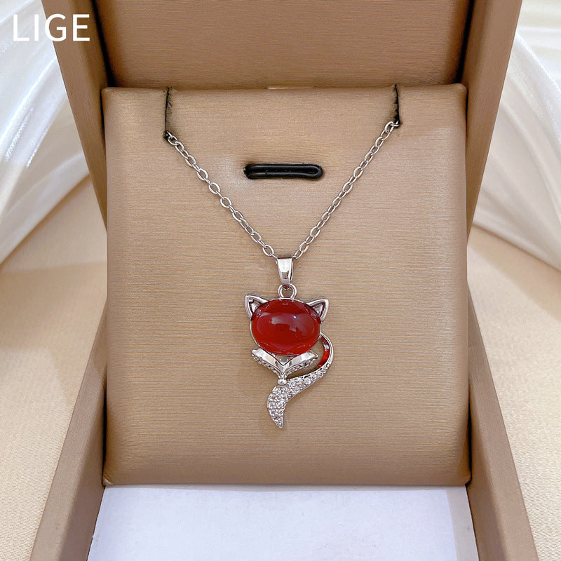 Collana da donna con pendente a forma di volpe in cartone animato, catena in acciaio inossidabile con intarsio in strass, design geometrico, stile minimalista