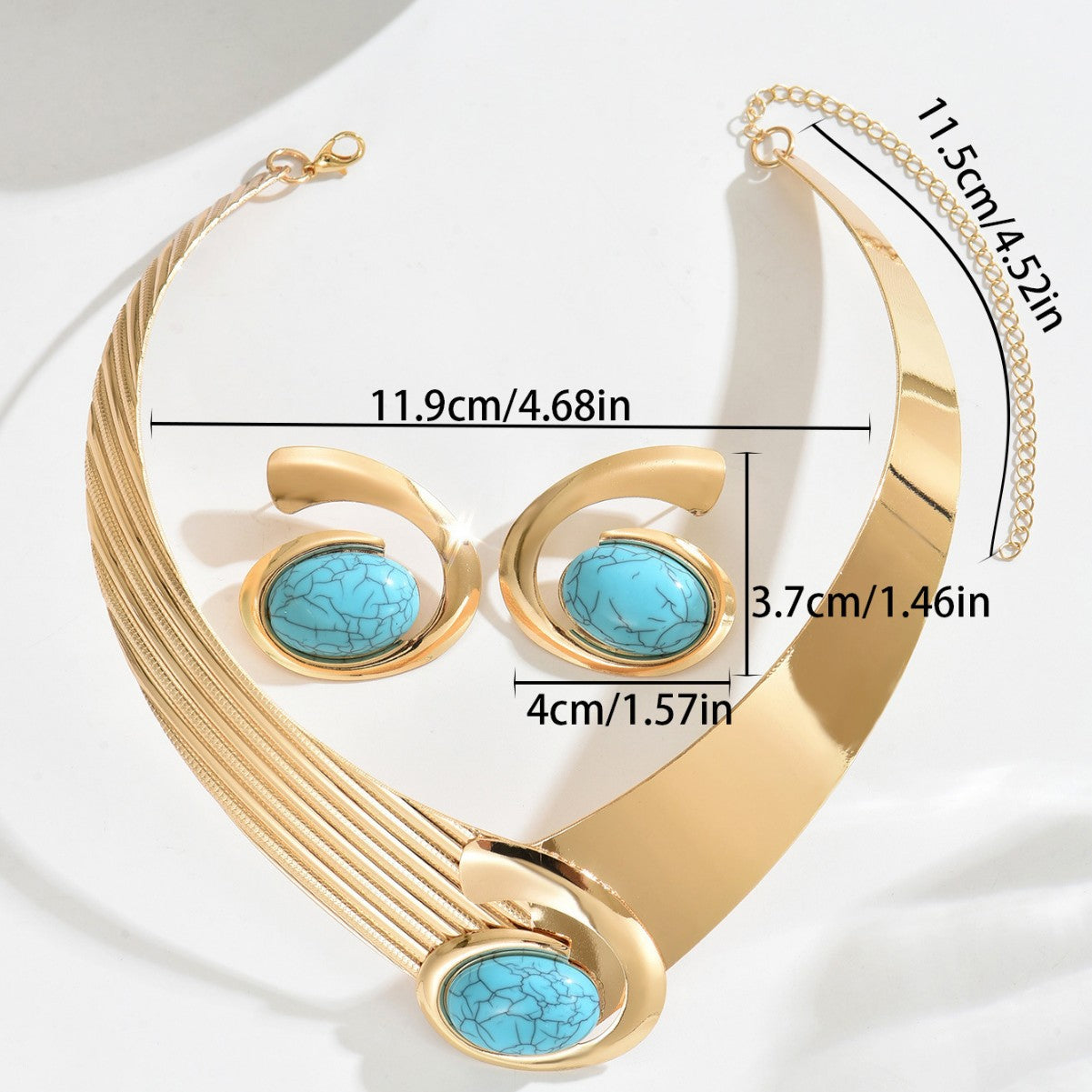 Geometric Turquoise Inlay Women's Earrings and Necklace Set in Alloy with Fashionable Commuter Style