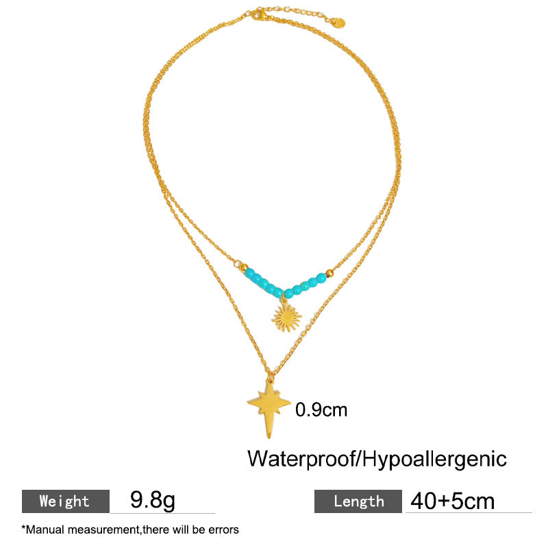 Layered Geometric Star Flower Pendant Titanium Steel Plated Necklace for Unisex
