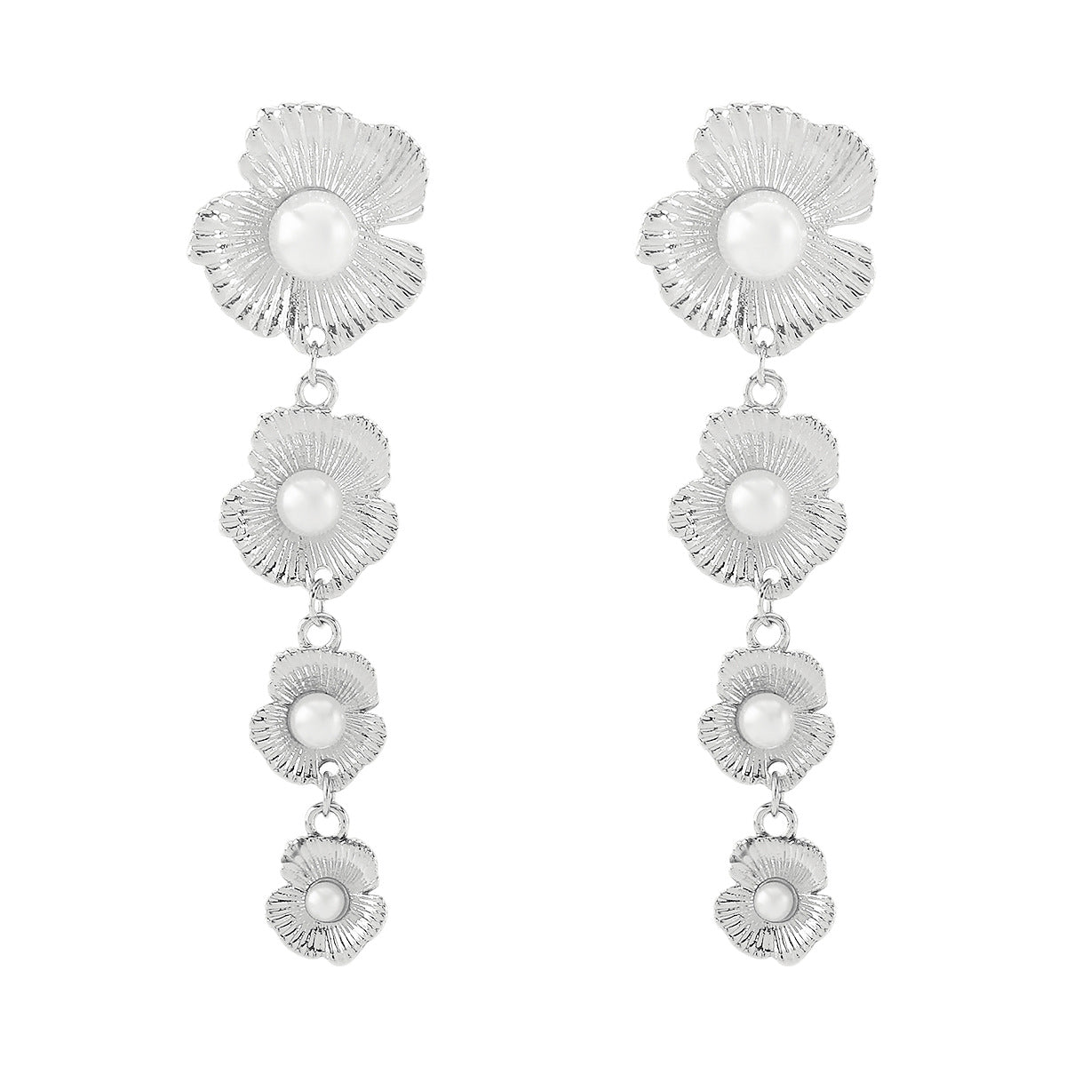 Elegant Floral Pearl Stud Earrings with Ruffled Edge in Plated Iron for Women