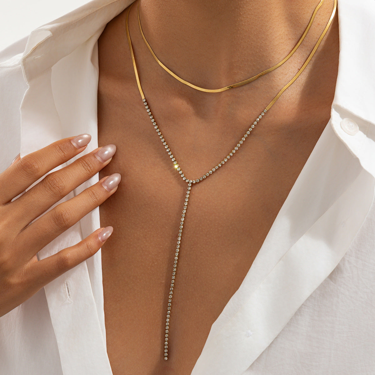 Minimalist Luxury Square Rhinestone Glass Pendant Stainless Steel PVD Plated Layered Necklace for Women