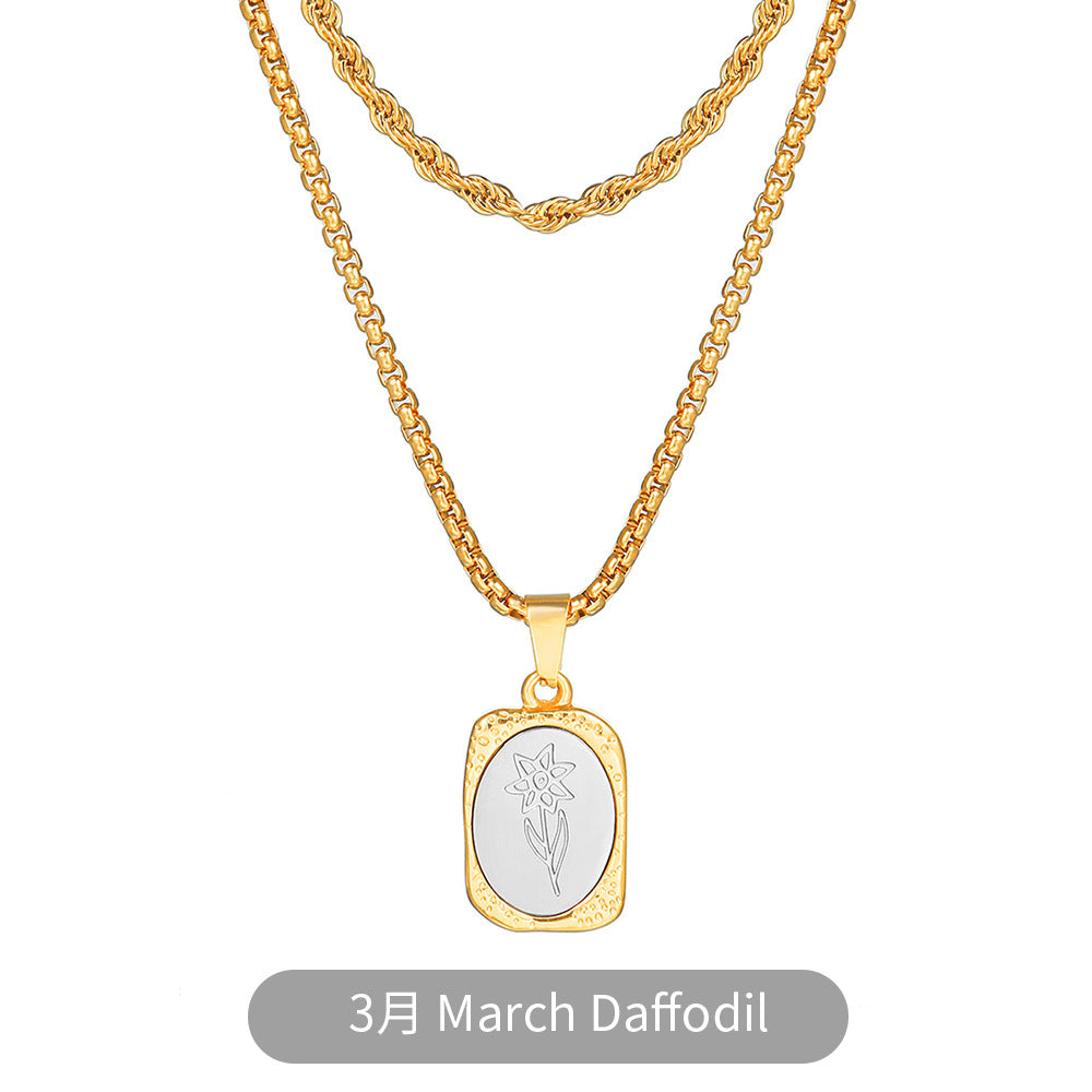 Vintage Two-Tone Gold and Silver Plated Stainless Steel Square Rose Pendant Necklace with Box Chain for Women