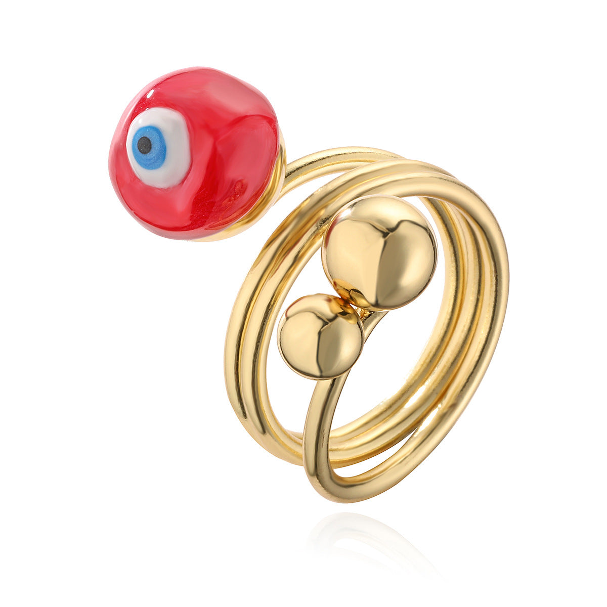 Anello Aperto Geometrico Minimalista da Donna Realizzato in Rame Placcato Oro con Design a Occhio di Allah in Smalto
