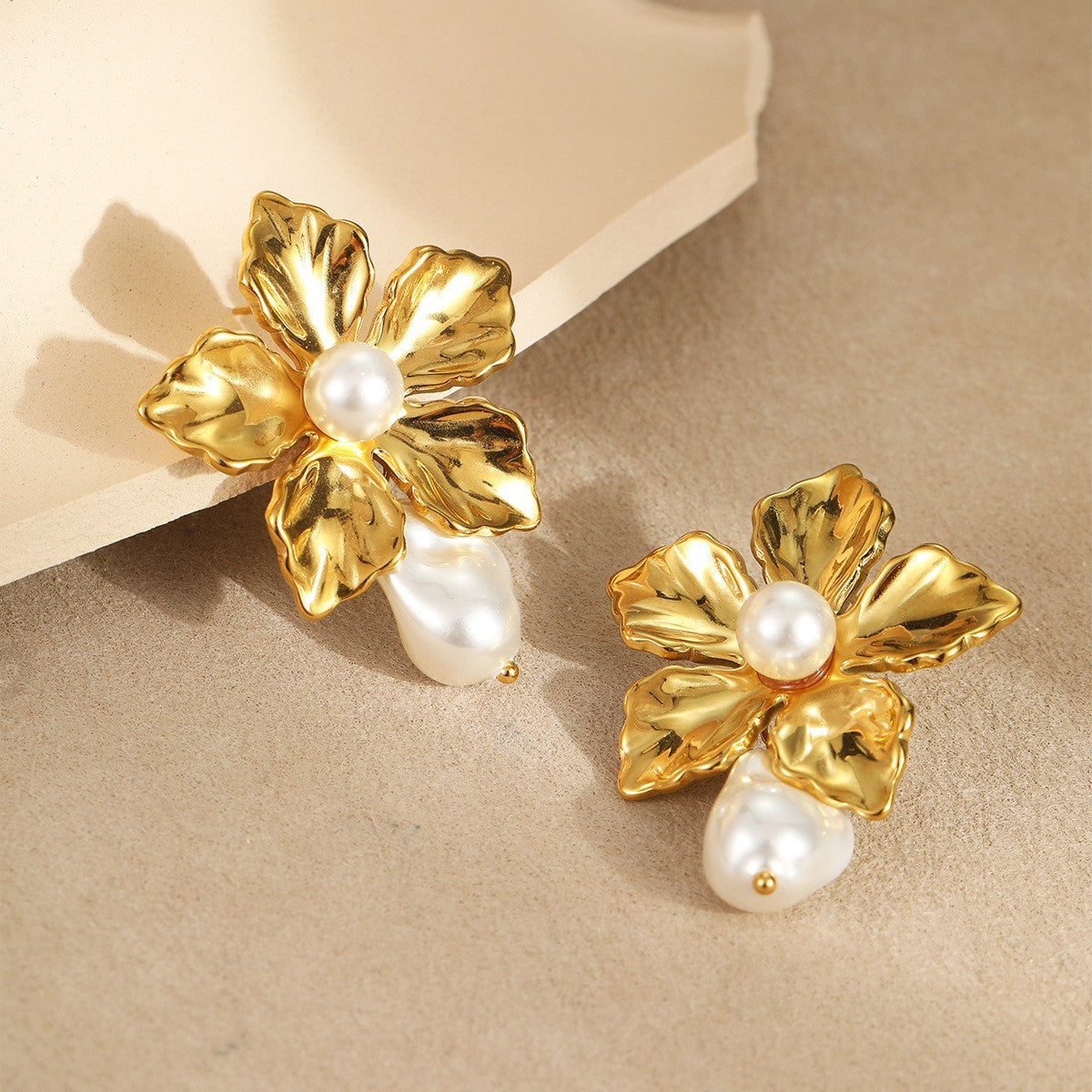 Elegant French-Style Baroque Pearl Earrings in Stainless Steel with Floral and Geometric Design, Electroplated Finish for Women