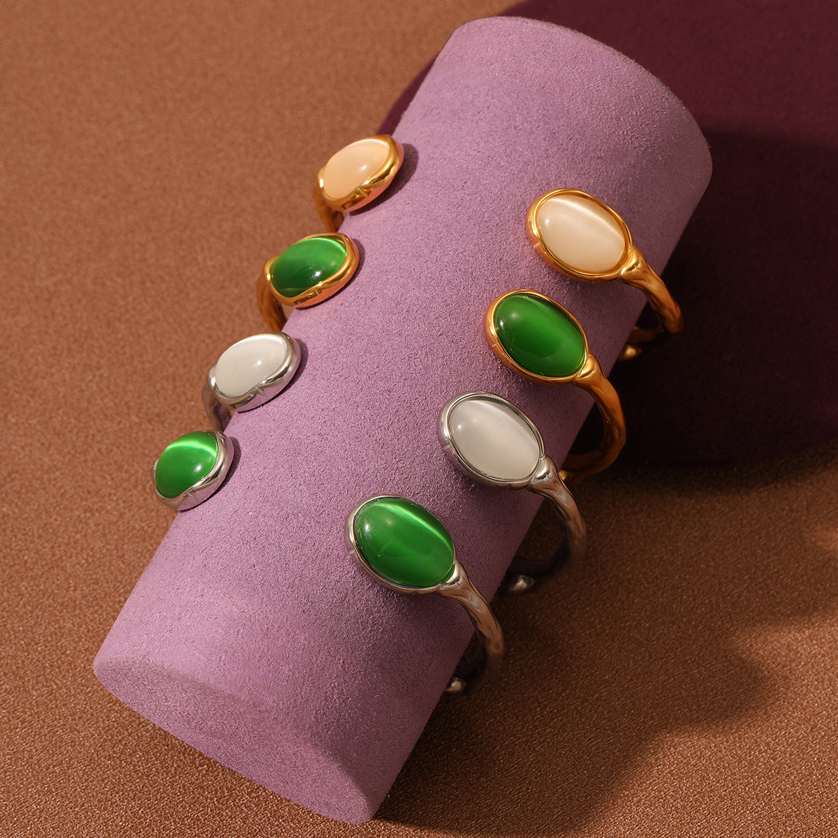 Vintage French Style Oval Natural Stone Bracelet in Titanium Steel with Plated Finish for Women