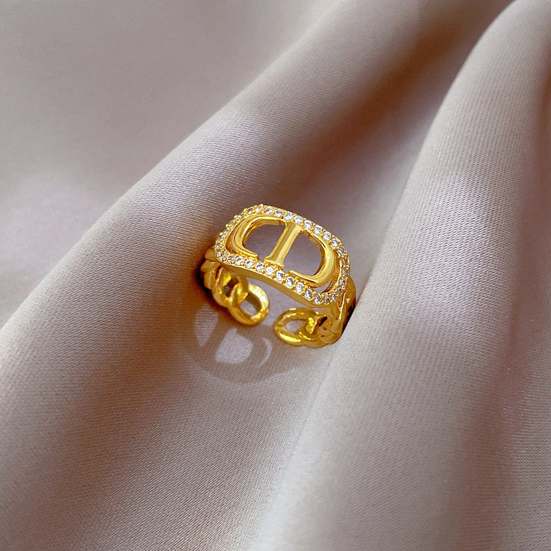 Anillo abierto ajustable minimalista para mujer con forma de corona, banda de latón e incrustaciones de circonita, joyería de moda en tonos fríos