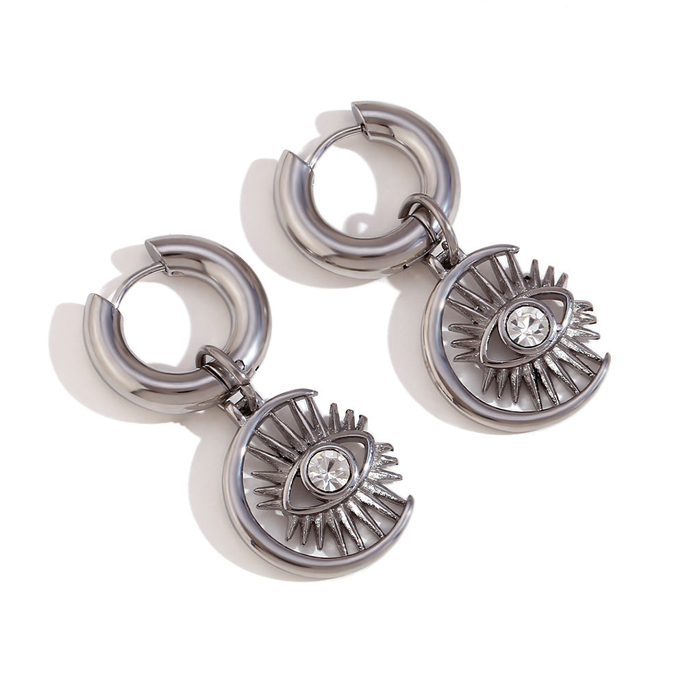 Retro Fashion Moon-Shaped Eyelash and Eye Rhinestone Pendant Necklace Set with Stainless Steel Chain and 18K Plated Titanium Steel Pendant for Women