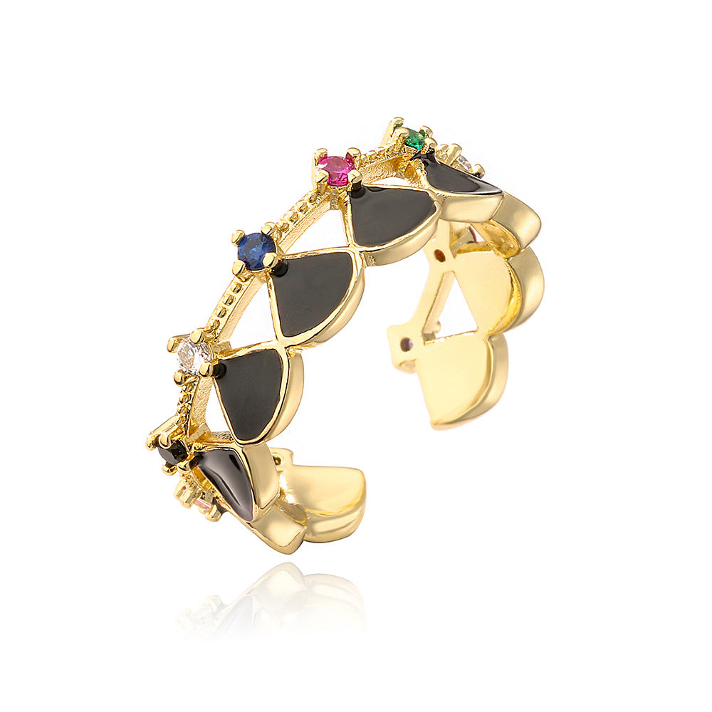 Anello Aperto Geometrico da Donna con Base in Rame Placcato in Oro 18K e Intarsio in Zirconia Smaltata