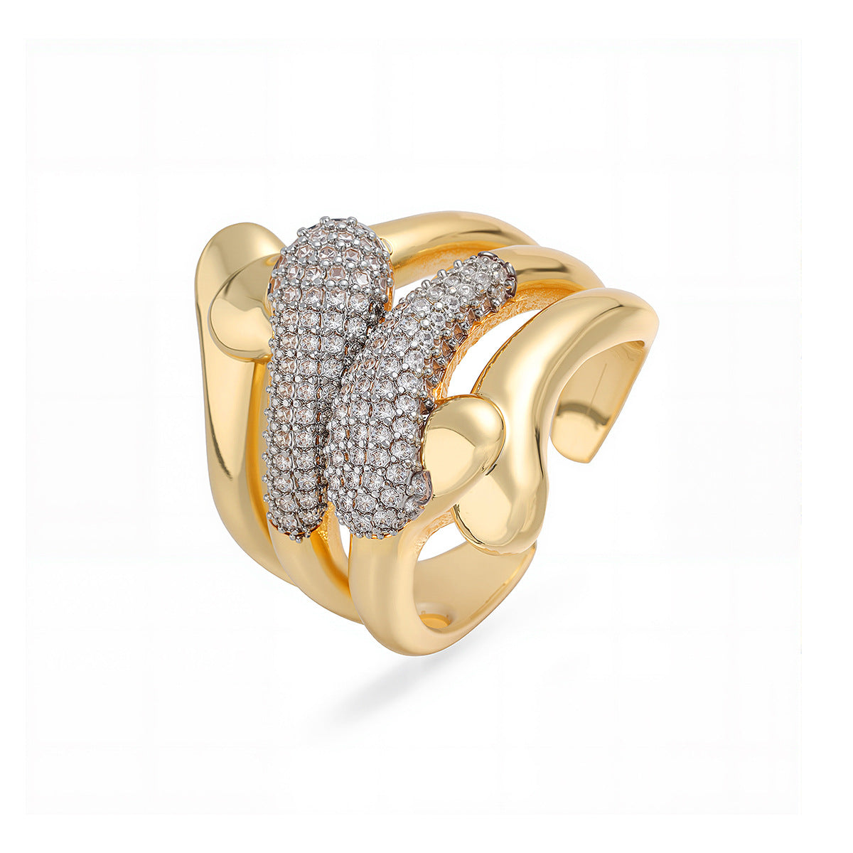 Minimalist Two-Tone Plated Cubic Zirconia Geometric Irregular Open Ring for Women