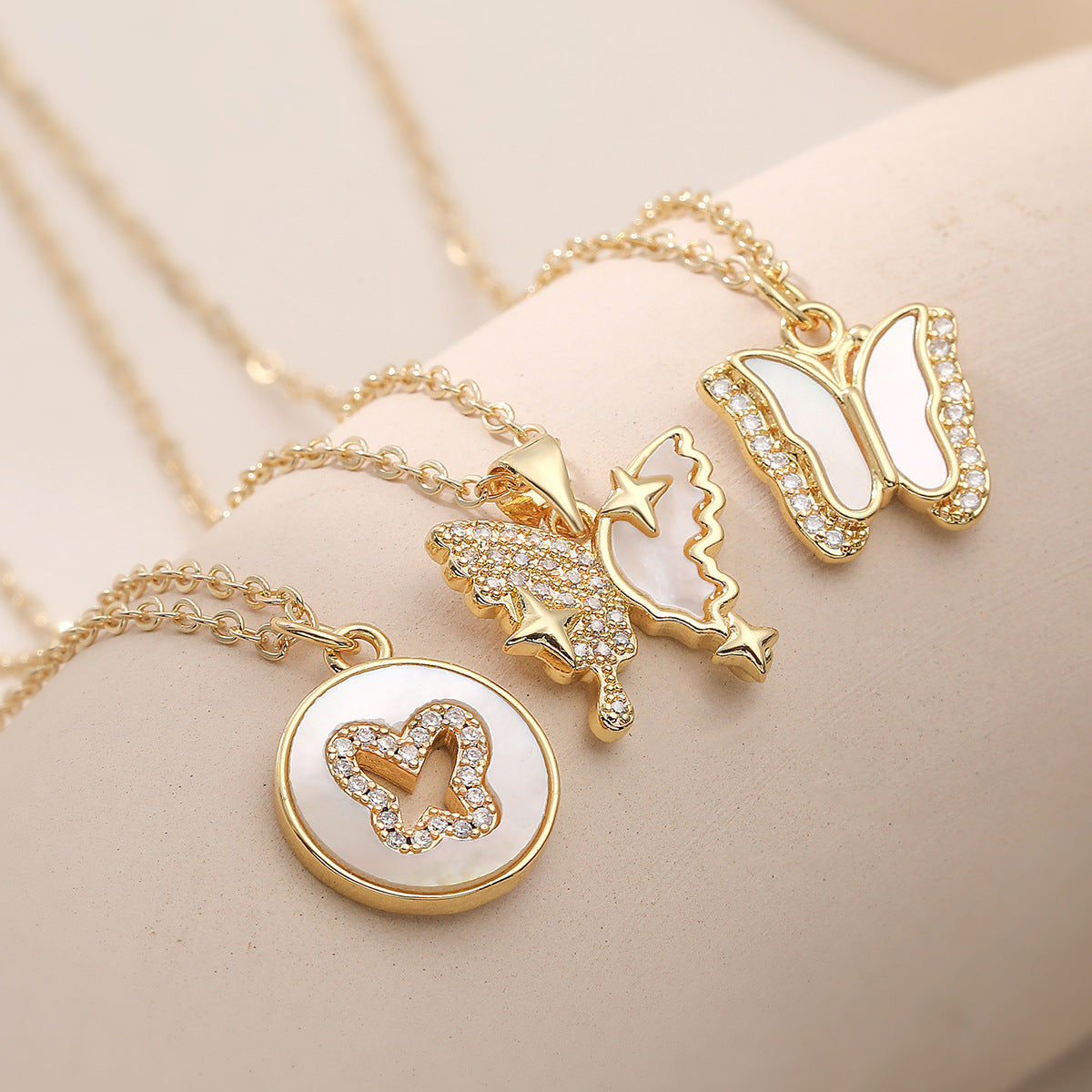 Minimalist Elegant 18K Gold Plated Brass Geometric Butterfly Pendant Necklace with Cubic Zirconia for Women