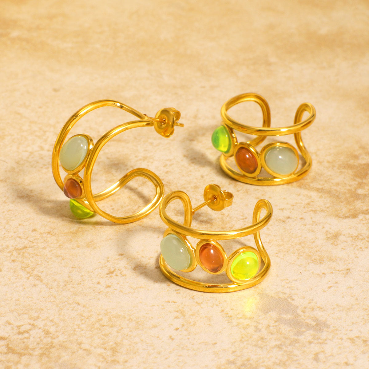 Set di orecchini e anello in acciaio inossidabile placcato oro 18 carati con pietre naturali, stile francese vintage geometrico a forma di C