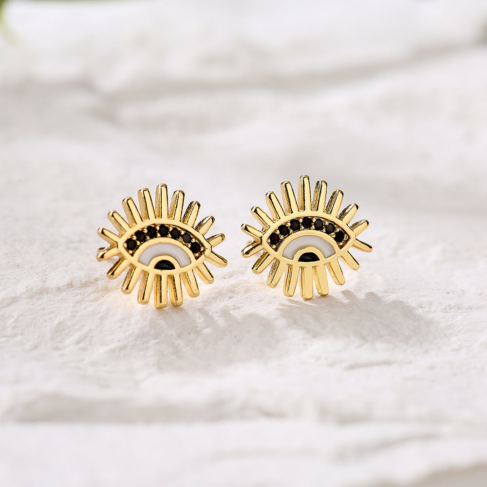 Minimalist Geometric Evil Eye Stud Earrings in Copper with Real Gold Plating and Zircon Inlay