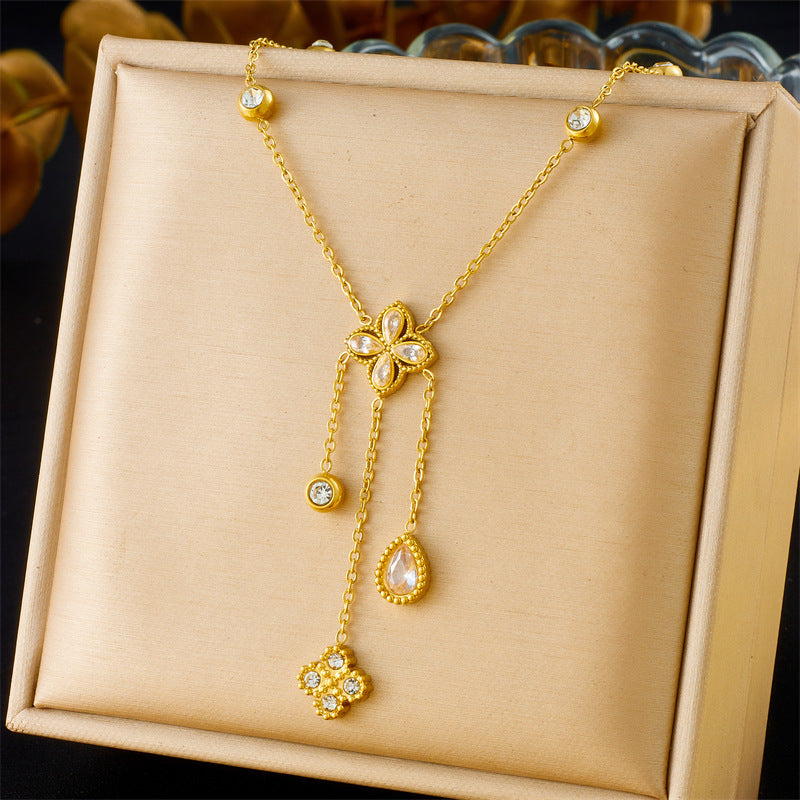 Vintage Elegant Rhinestone Teardrop Floral Geometric Plated Stainless Steel Pendant Necklace for Women