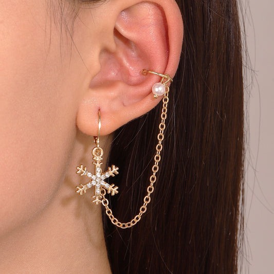 Orecchini con catena lunga ispirati a fiocchi di neve geometrici, con strass intarsiati in lega, da donna